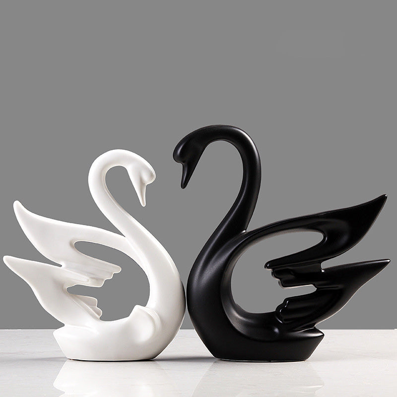 A Pair Ceramic Swan Couple Design Home Decor, Wedding Gift, White&Black