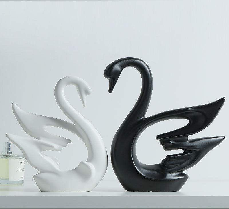 A Pair Ceramic Swan Couple Design Home Decor, Wedding Gift, White&Black