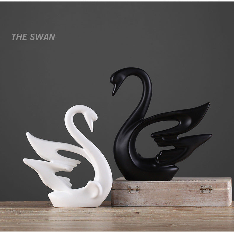 A Pair Ceramic Swan Couple Design Home Decor, Wedding Gift, White&Black